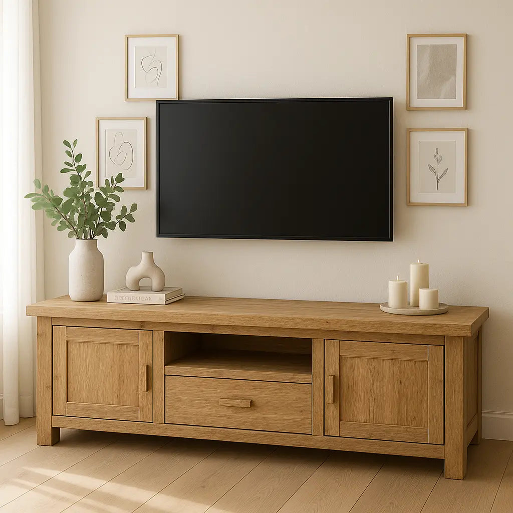 Handcrafted Solid Wood TV Stand – Modern Farmhouse Media Console with Drawer, Cabinets & Open Shelf Kitchnce