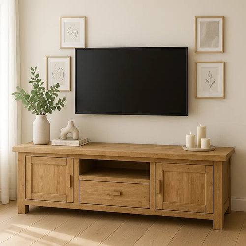 Handcrafted Solid Wood TV Stand – Modern Farmhouse Media Console with Drawer, Cabinets & Open Shelf Kitchnce