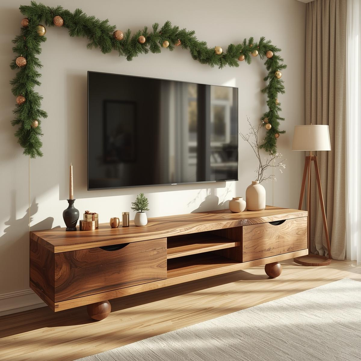 Handcrafted Solid Wood TV Stand with Natural Live Edge Design and Modern Rounded Base Legs Kitchnce