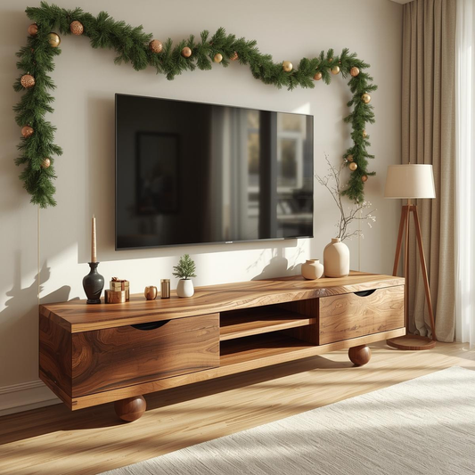 Handcrafted Solid Wood TV Stand with Natural Live Edge Design and Modern Rounded Base Legs Kitchnce