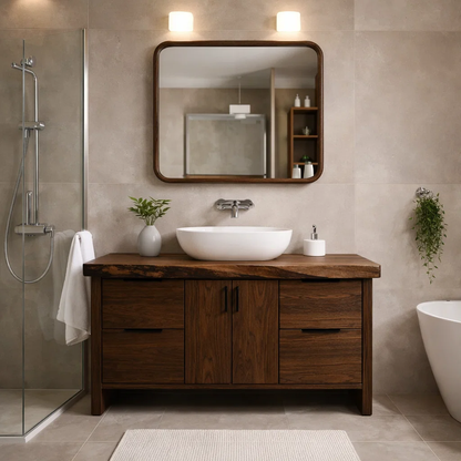 Solid Wood Bathroom Vanity Cabinet with Live Edge Top & Modern Sink Design