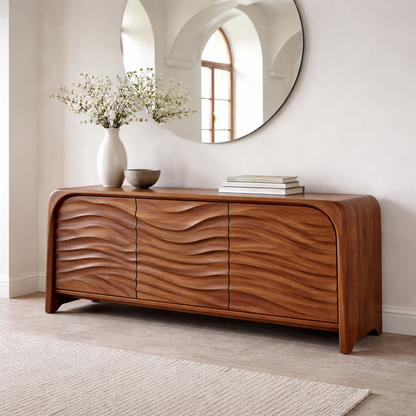Solid Wood Console Table with Sculpted Wave Front – Modern Entryway Storage Cabinet