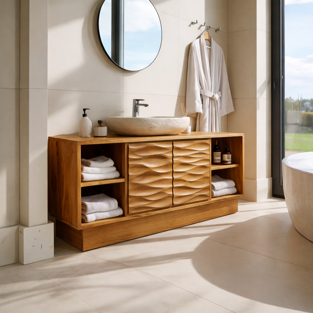 Modern Solid Wood Bathroom Vanity with Wave-Patterned Doors