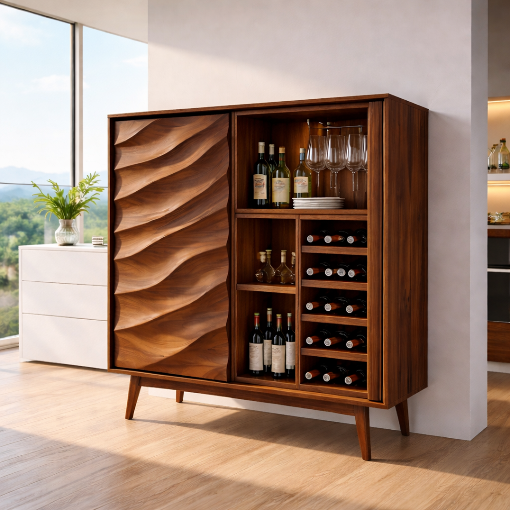 Modern Solid Wood Bar Cabinet with Wine Rack & Sculpted Door – Mid Century Home Bar Storage