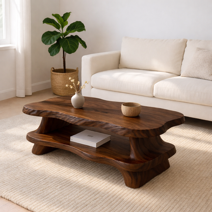 Modern Solid Wood Coffee Table with Organic Live Edge and Lower Shelf Kitchnce