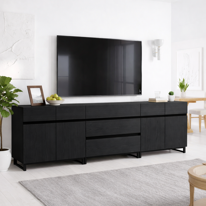 Modern Solid Wood TV Stand Long Media Console with Drawers Black Accent Lines