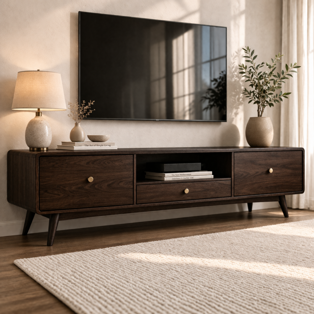Mid Century Solid Wood TV Console with Drawers and Open Shelf