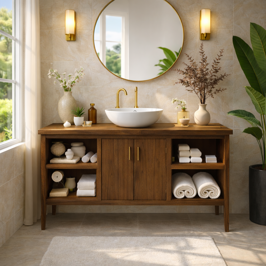 Sleek Wooden Bathroom Vanity with Open Shelving and Storage Kitchnce