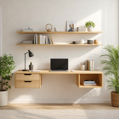 Floating Oak Desk with Shelf – Minimalist Wall Workspace