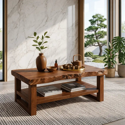 Rustic Solid Wood Coffee Table with Natural Finish and Lower Storage Kitchnce