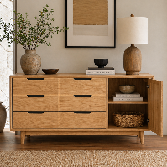 Solid Wood Sideboard Cabinet with Drawers & Door Storage – Modern Rustic Design