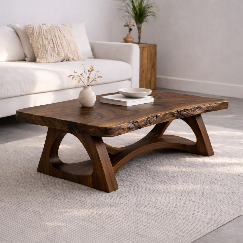 Live Edge Solid Wood Coffee Table with Sculptural Base – Rustic Modern Living Room Table Kitchnce