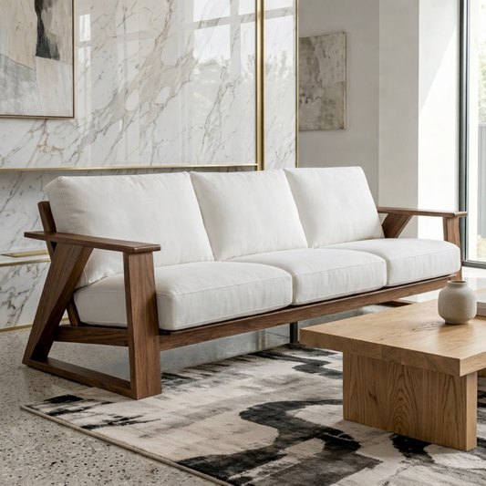 Modern Geometric Solid Wood Sofa with White Linen Cushions Mid Century Living Couch