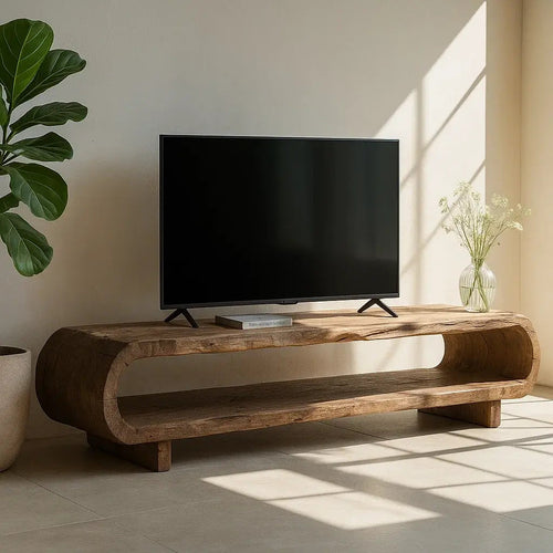 Handcrafted Solid Wood TV Stand – Organic Sculptural Media Console with Natural Rustic Finish and Open Shelves Kitchnce