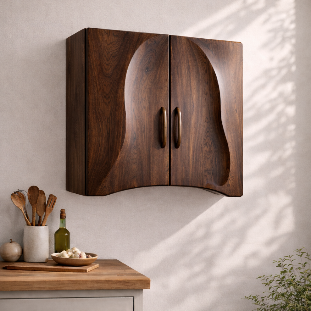 Solid Wood Kitchen Cabinet with Sculpted Curved Doors – Modern Wall Storage Cabinet
