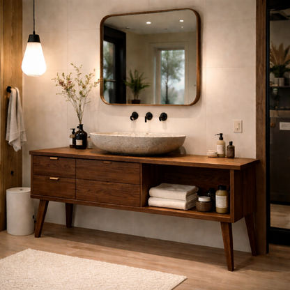 Solid Wood Bathroom Vanity with Drawers & Open Shelf – Modern Oak Vanity Cabinet