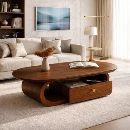 Wooden Coffee Table with Storage Drawer and Curved Modern Design