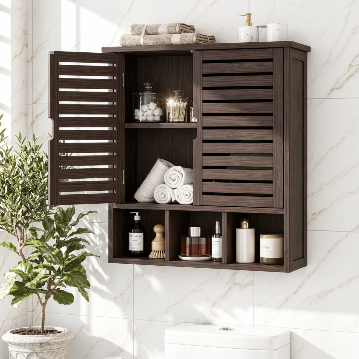 Floating Bathroom Cabinet, Wall-Mounted Slatted Vanity Storage Organizer Shelf Unit