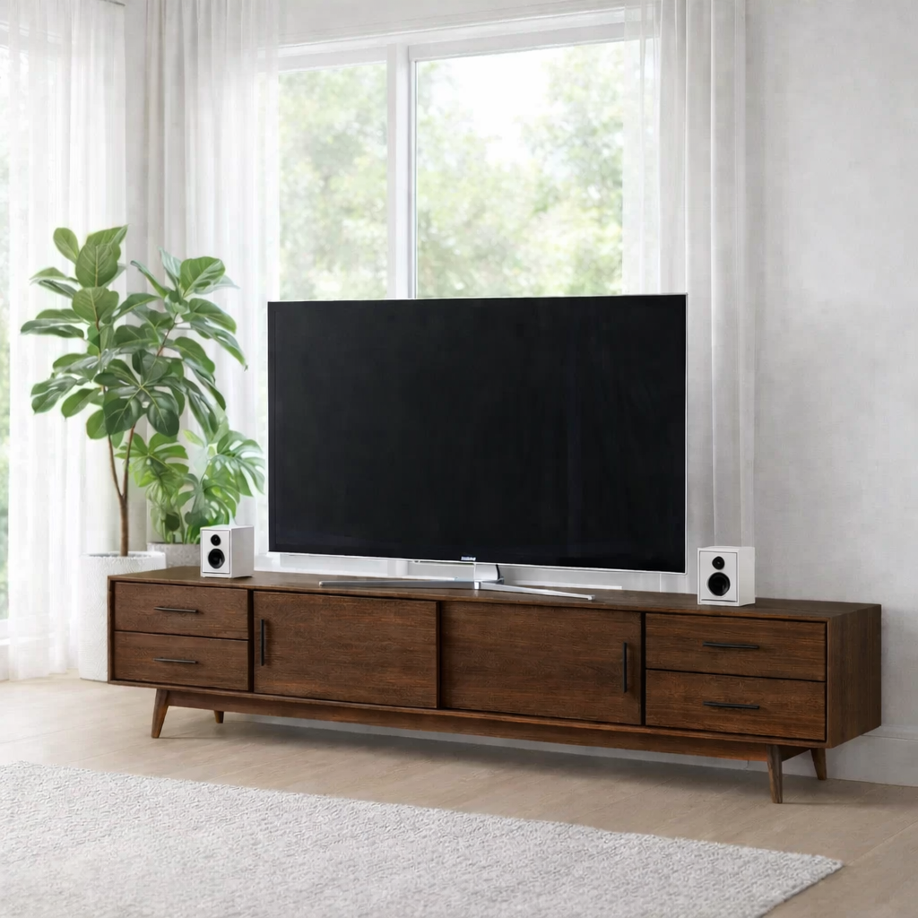 Mid Century Solid Wood TV Console with Drawers & Cabinets – Modern Media Stand