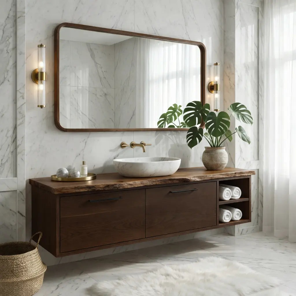 Floating Vanity with Natural Walnut Wood, Modern Sink, and Open Shelf Storage Kitchnce