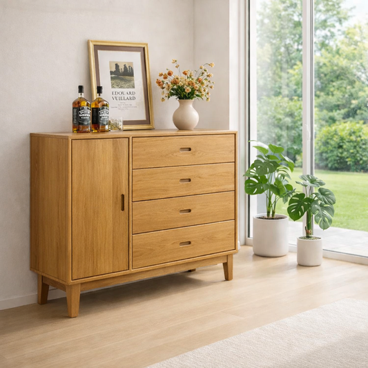 Mid Century Storage Sideboard Cabinet with 4 Drawers and Door – Compact Console
