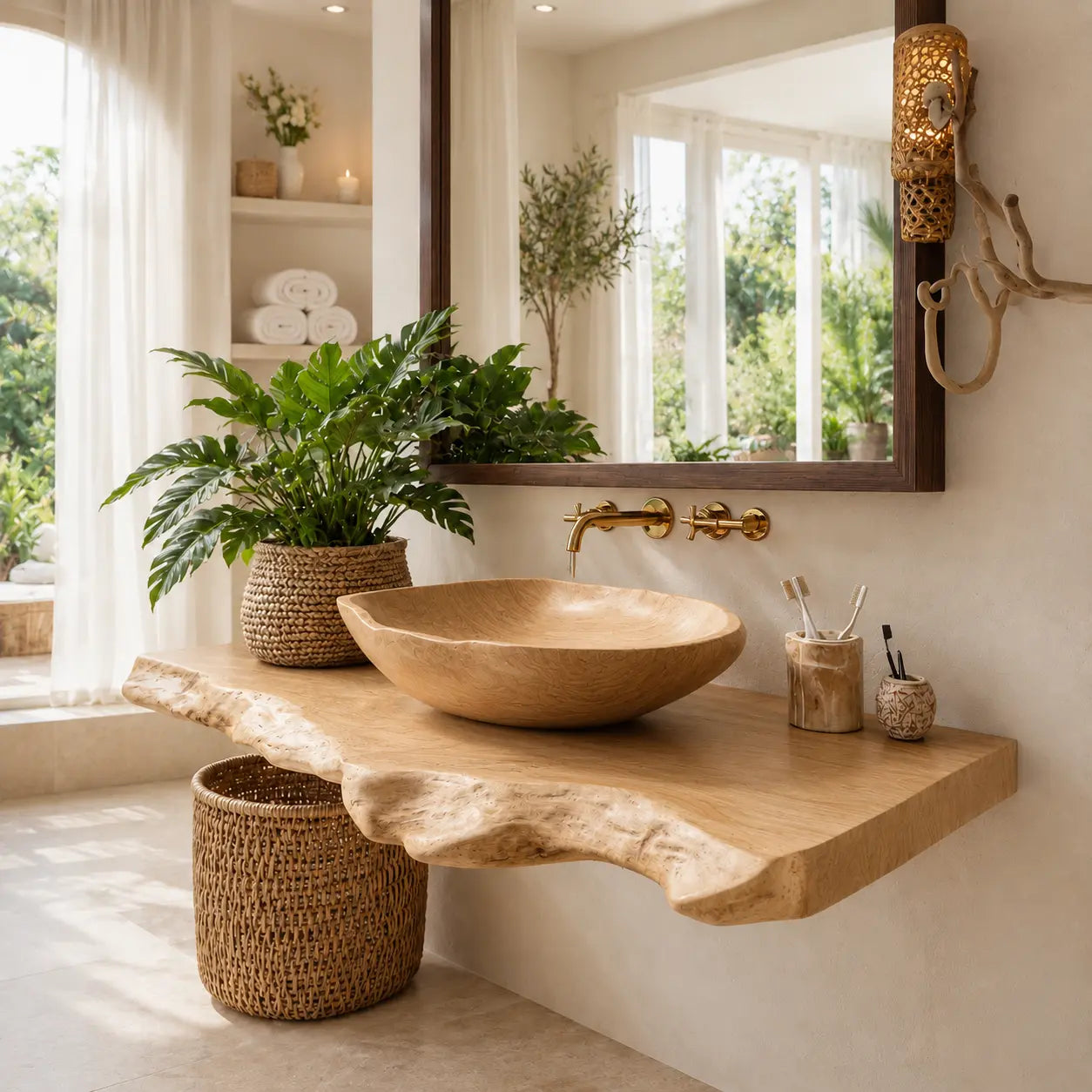 Live Edge Vanity with Wood Vessel Sink | Solid Wood Floating Bathroom Set Kitchnce