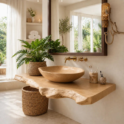 Live Edge Vanity with Wood Vessel Sink | Solid Wood Floating Bathroom Set Kitchnce