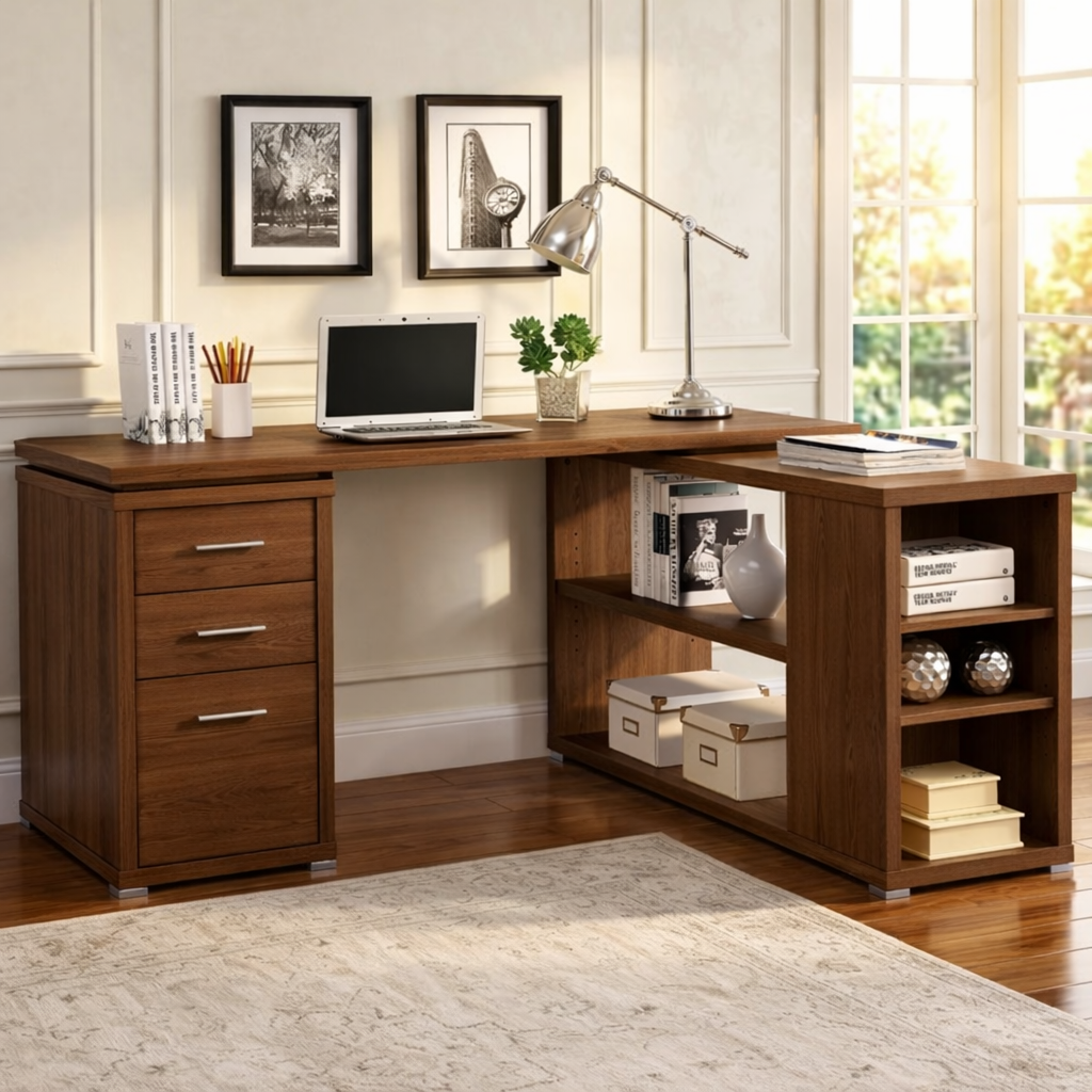 Contemporary L-Shaped Corner Desk with Drawers, Shelves, Home Office Workstation Writing Table