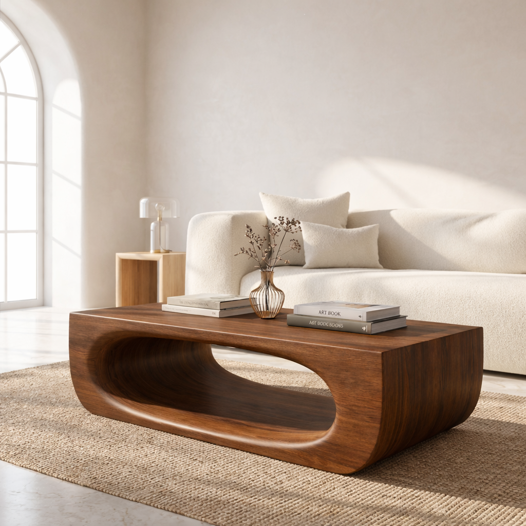 Modern Sculptural Coffee Table with Open Base, Minimalist Living Room Centerpiece