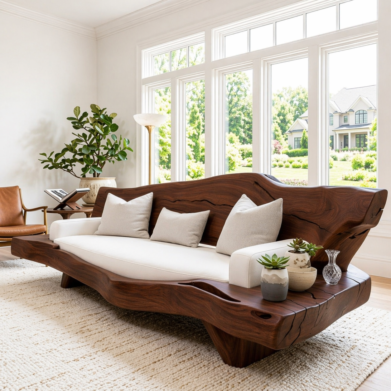 Organic Modern Wooden Sofa, Sculptural Statement Couch with White Cushion Seating