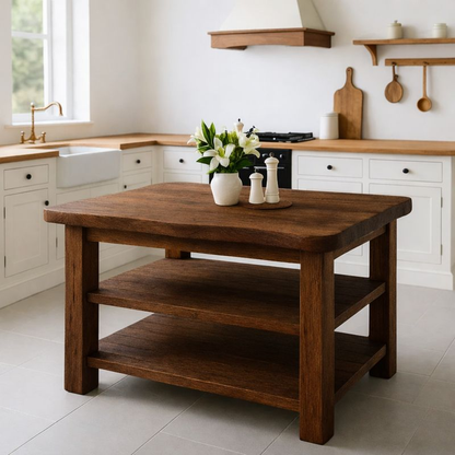 Live Edge Solid Wood Kitchen Island - Rustic Farmhouse Butcher Block with Storage Drawers