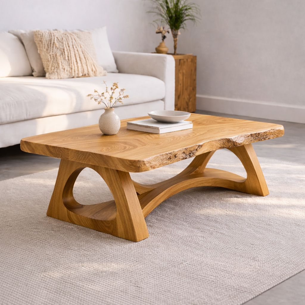 Live Edge Solid Wood Coffee Table with Sculptural Base – Rustic Modern Living Room Table Kitchnce