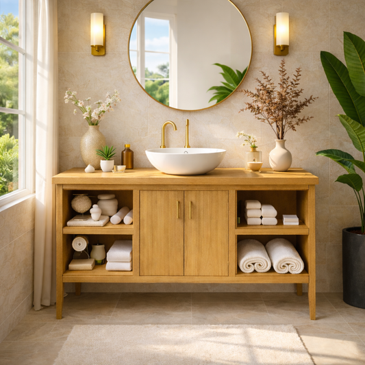 Sleek Wooden Bathroom Vanity with Open Shelving and Storage Kitchnce