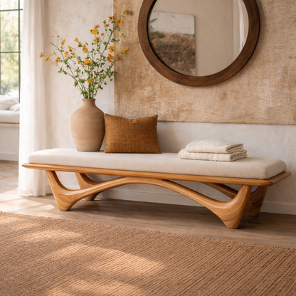 Solid Wood Entryway Bench with Curved Base, Modern Rustic Hallway Seating