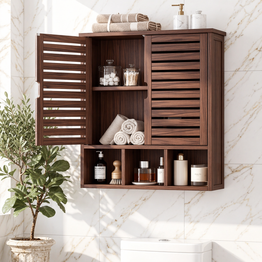 Floating Bathroom Cabinet, Wall-Mounted Slatted Vanity Storage Organizer Shelf Unit