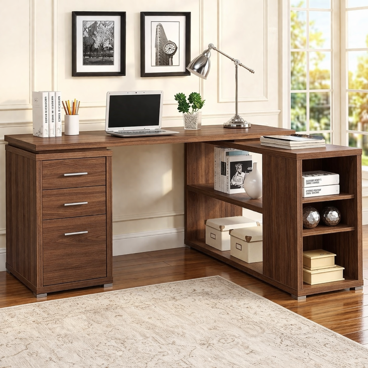 Contemporary L-Shaped Corner Desk with Drawers, Shelves, Home Office Workstation Writing Table