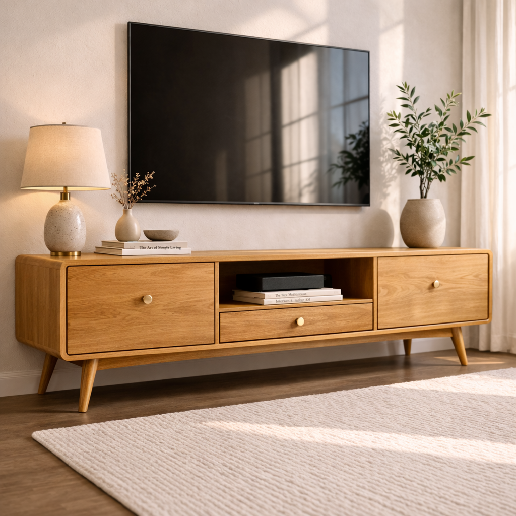 Mid Century Solid Wood TV Console with Drawers and Open Shelf