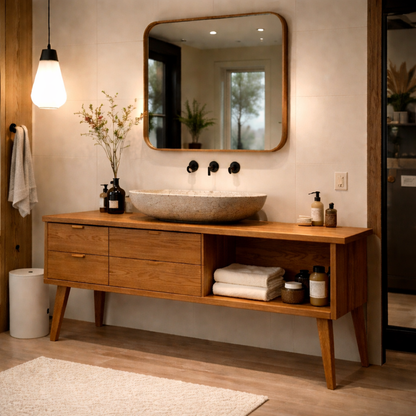 Solid Wood Bathroom Vanity with Drawers & Open Shelf – Modern Oak Vanity Cabinet
