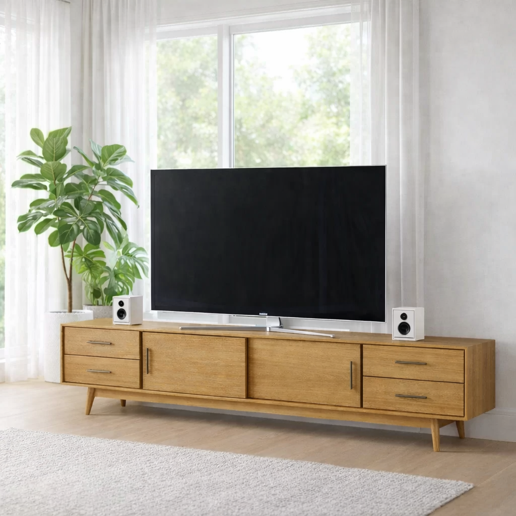 Mid Century Solid Wood TV Console with Drawers & Cabinets – Modern Media Stand