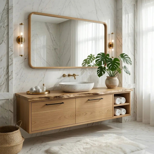 Floating Vanity with Natural Walnut Wood, Modern Sink, and Open Shelf Storage Kitchnce