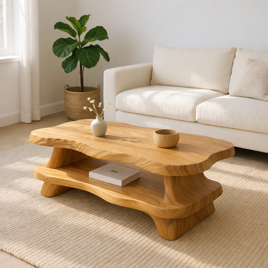 Modern Solid Wood Coffee Table with Organic Live Edge and Lower Shelf Kitchnce
