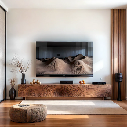 Solid Wood TV Stand Modern Walnut Media Console with Sculpted Wave Storage Cabinet