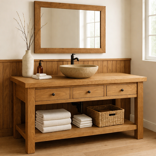 Solid Wood Bathroom Vanity with Drawers and Open Shelf Rustic Single Sink Vanity