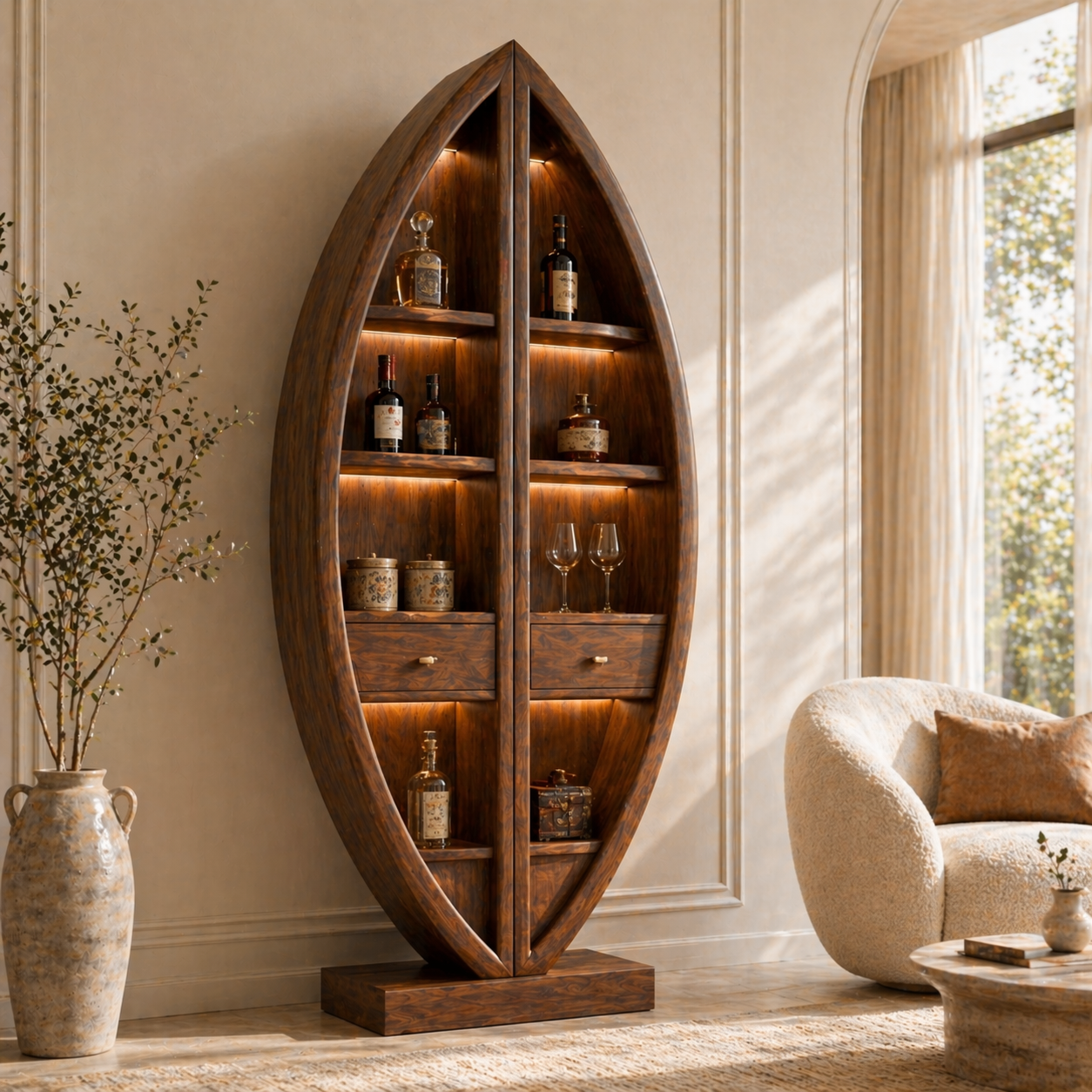 Sculptural Tall Wine Cabinet Freestanding Bar Storage Display Shelves With Drawers