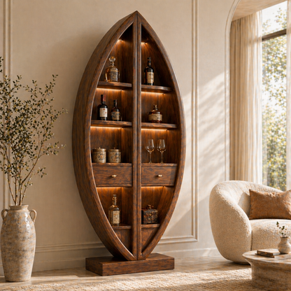 Sculptural Tall Wine Cabinet Freestanding Bar Storage Display Shelves With Drawers