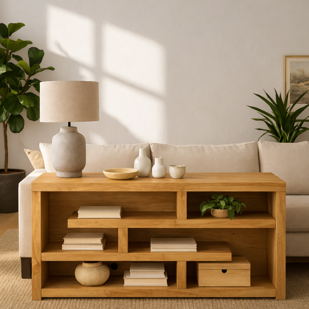 Modern Wood Console Table, Mid Century Media Console Cabinet with Open Storage Shelves Kitchnce