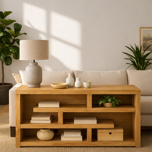 Modern Wood Console Table, Mid Century Media Console Cabinet with Open Storage Shelves Kitchnce