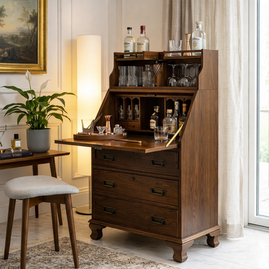 Mid Century Bar Cabinet, Fold-Down Cocktail Console with Glassware Bottle Storage