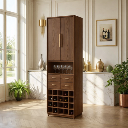 Modern Wine Cabinet with Glass Display, Drawers and Built-In Bottle Rack Storage