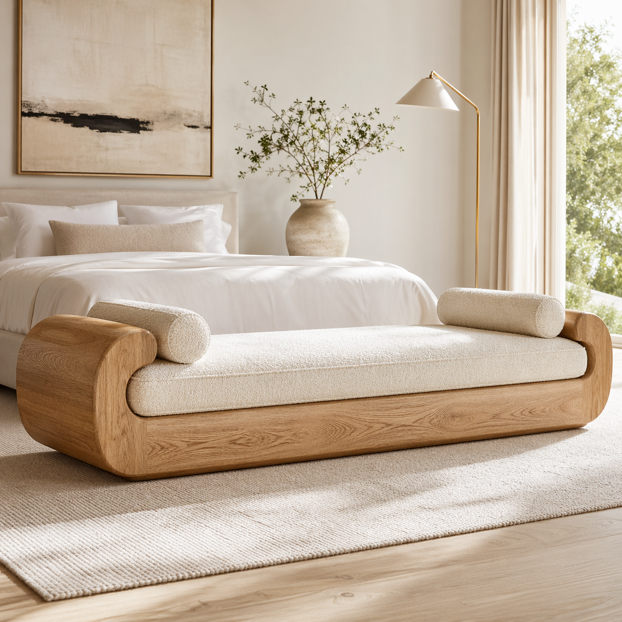 Modern Upholstered Daybed Bench Curved Bedroom Lounge with Bolster Pillows